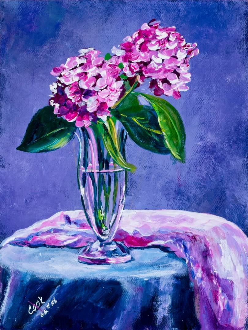 Purple Hortensia Flowers In Glass Vase – Qq #56 – Academy Of Fine Art 