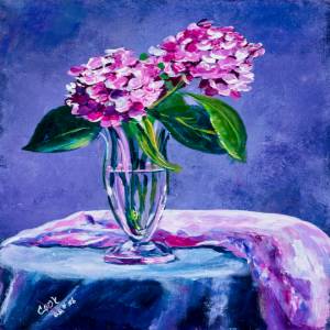 Purple Hortensia Flowers in Glass Vase – QQ #56