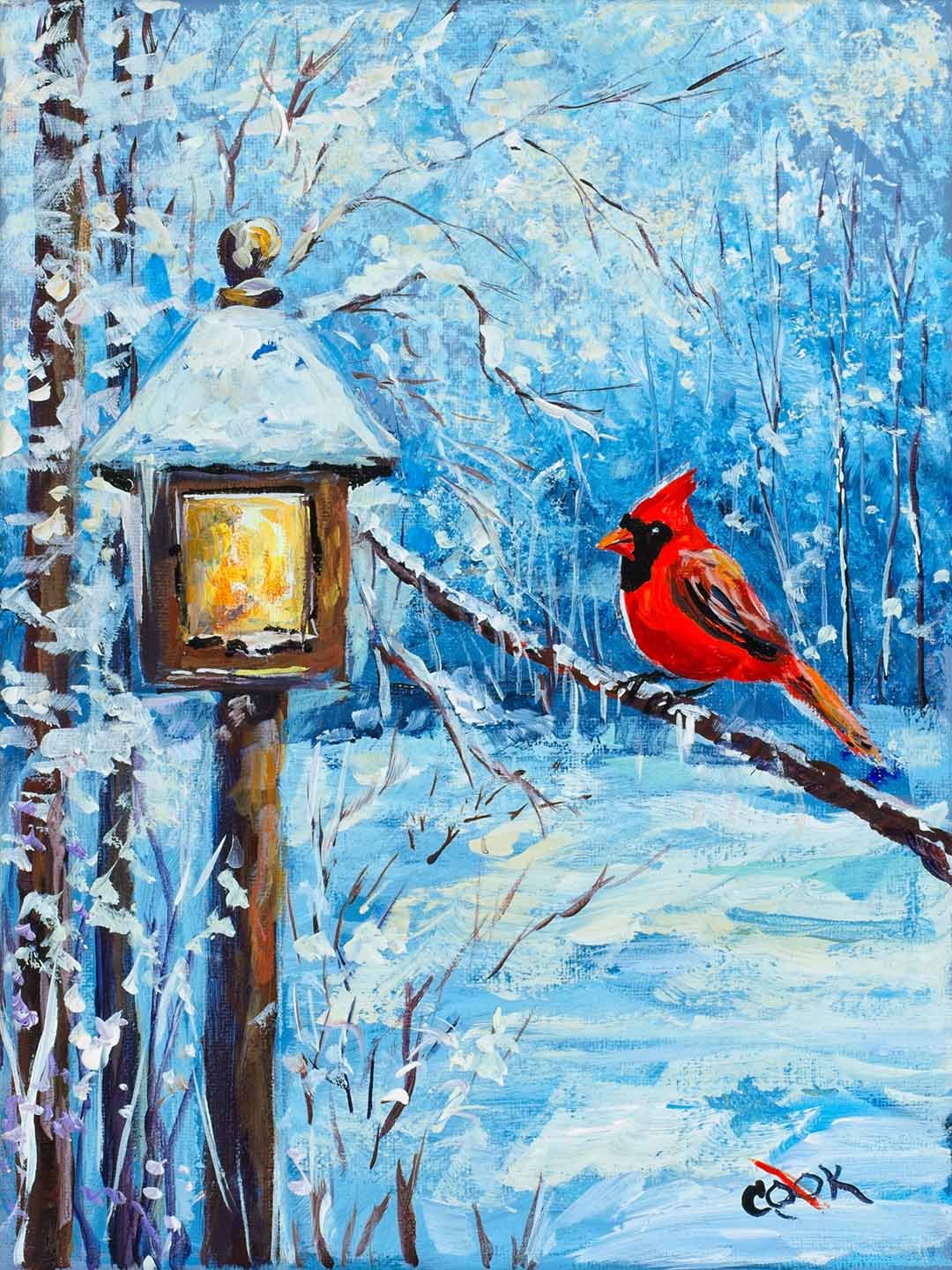 A Cardinal Next To A Lamp Academy Of Fine Art And Acrylic Painting   Cardinal With Lamp Post CR 1080h 