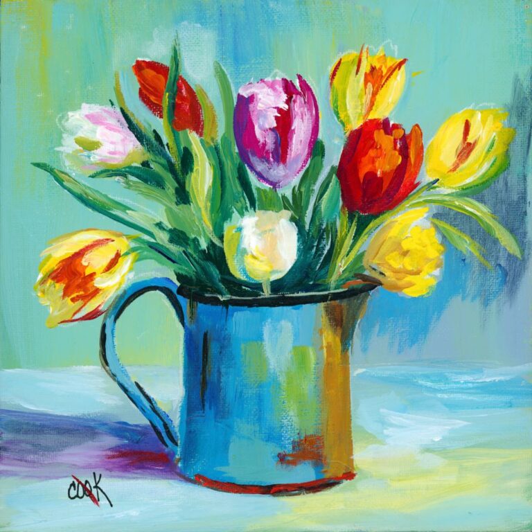 Tulips in a Enamel Metal Coffee Cup