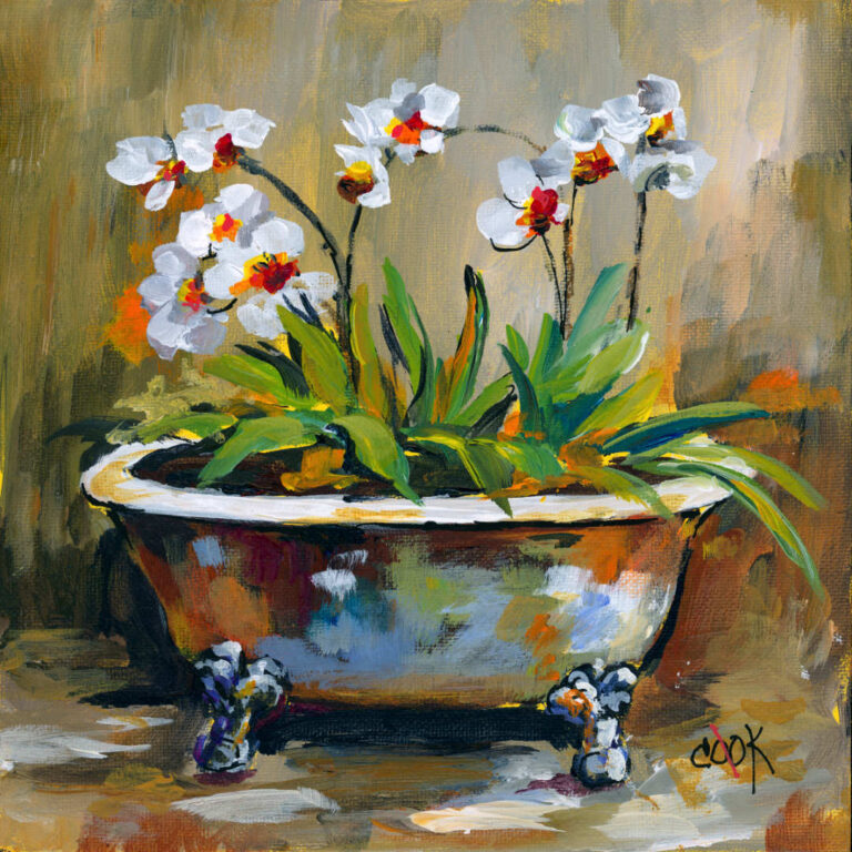 Orchids in a Rusty Antique Bathtub